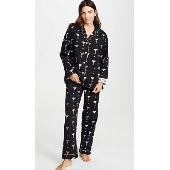 PJ Salvage Martini Flannel Pajama SET Button-Front Long Sleeves Pockets Blue S - Picture 1 of 11